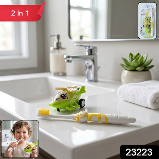 Kids oral care set with soft bristle toothbrush and helicopter toy