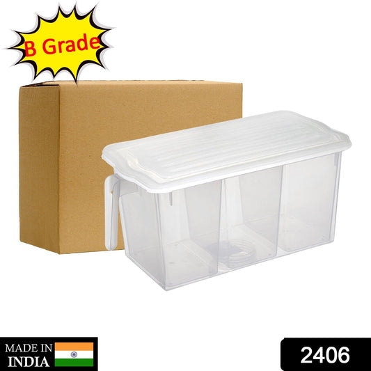 Fresh-keeping storage box separating fruits and vegetables in a fridge.
