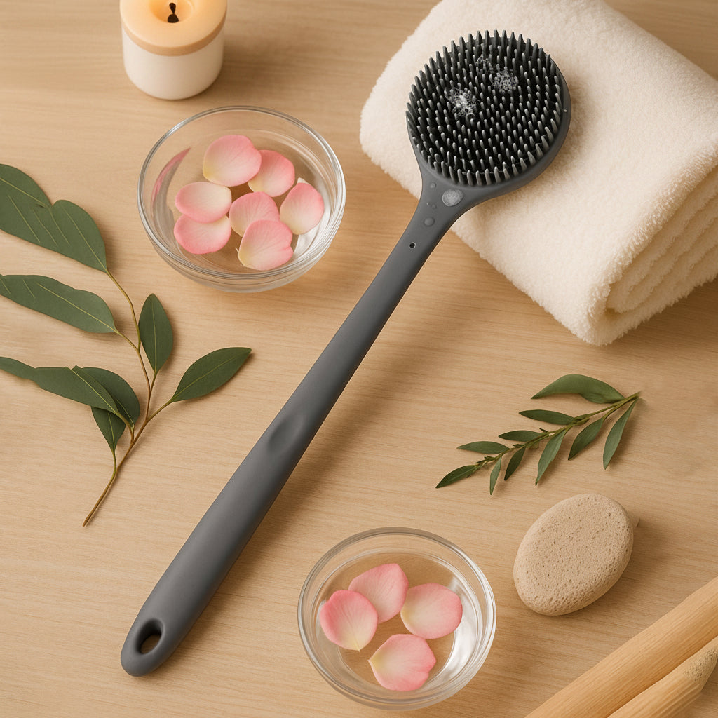 Silicone back scrubber brush with long handle for easy reach and gentle exfoliation