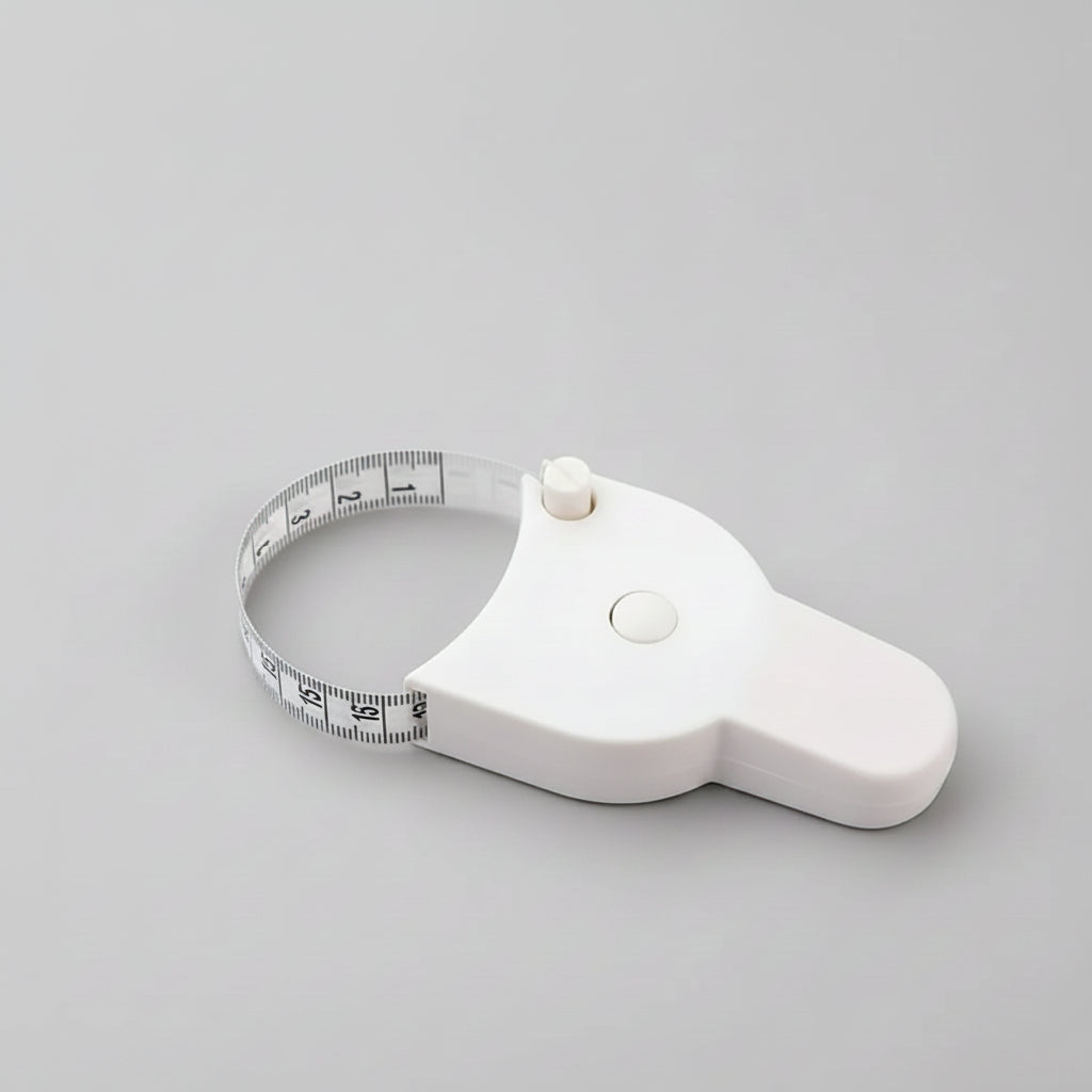 Retractable body measuring tape with clear markings in inches and cm.