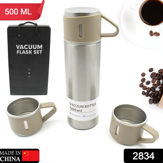 Stainless steel vacuum flask set 500ml being used outdoors with hot coffee