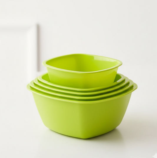 Colorful square plastic bowls, perfect for small servings or snacks.