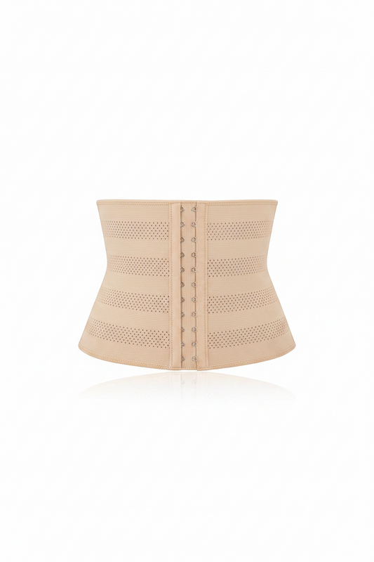 Women's black waist trimmer belt with two hooks for effective body shaping.