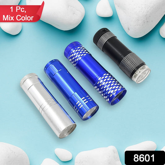 Close-up of the portable LED flashlight showing its 9 bright LED bulbs.